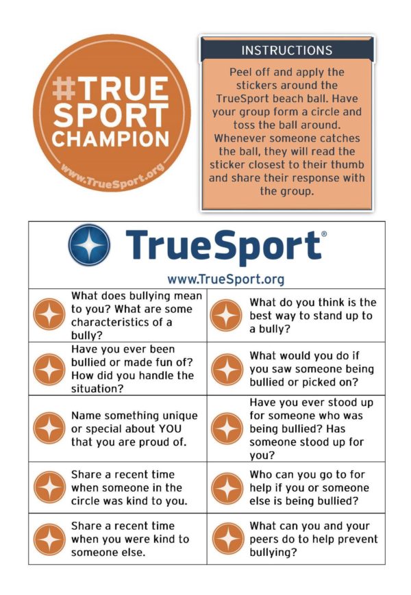 TrueSport bullying prevention sticker set.