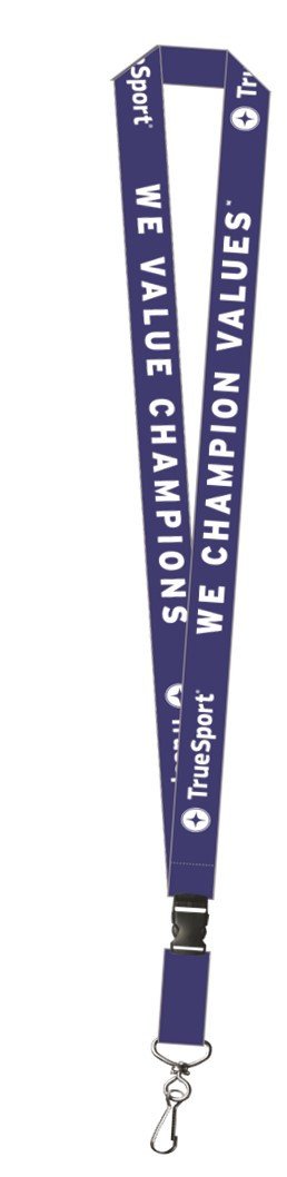Blue TrueSport branded lanyard with white text.