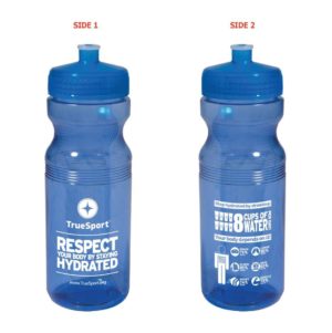 Blue Truesport branded water bottles.