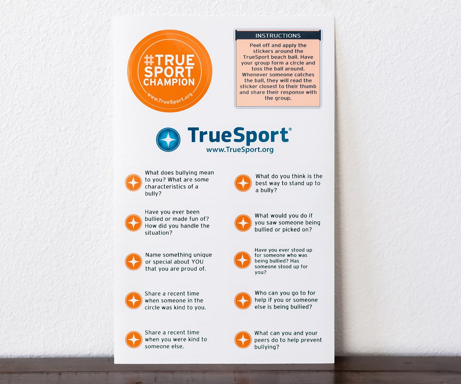 TrueSport anti-bullying stickers for a beachball.